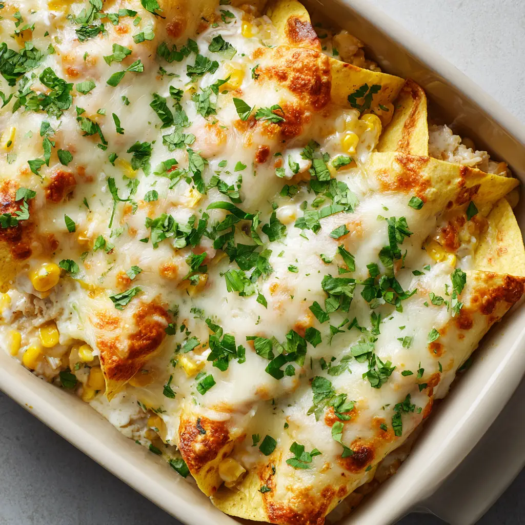 A top-down view of a rectangular ceramic baking dish filled with tightly packed white chicken chili tacos, smothered in creamy sauce and melted cheese.