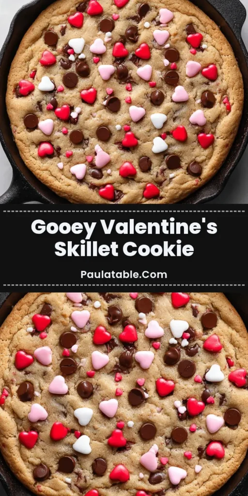 A close-up overhead shot of a Valentine's skillet cookie. The thick, gooey chocolate chip cookie is baked in a black cast iron skillet and has golden-brown edges, a soft center, and is decorated with red, pink, and white candy hearts.