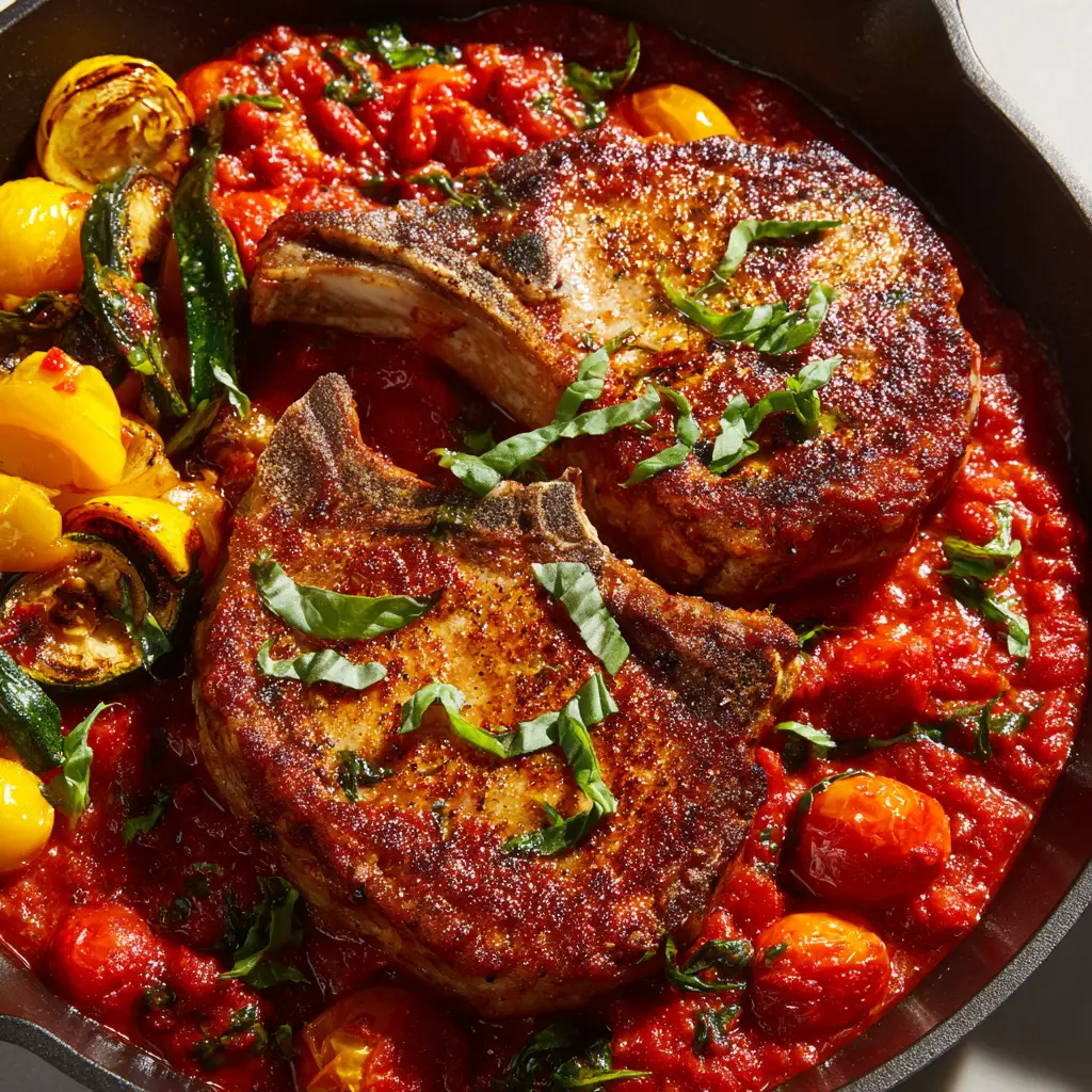 A cast-iron skillet holds two Sicilian Pork Chops, with roasted zucchini and yellow peppers visible in the rustic tomato sauce.