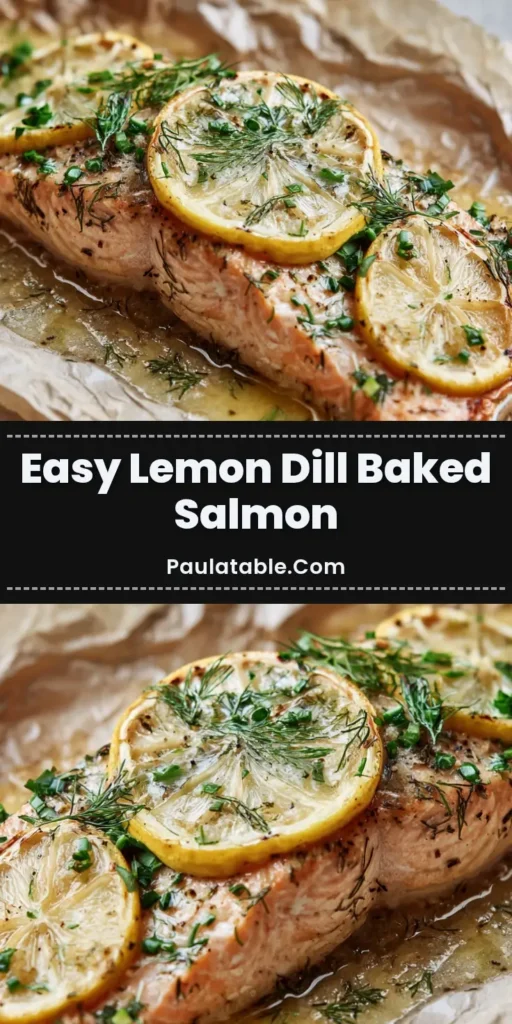 A perfectly cooked Lemon Dill Baked Salmon fillet on parchment paper, topped with caramelized lemon and fresh dill.