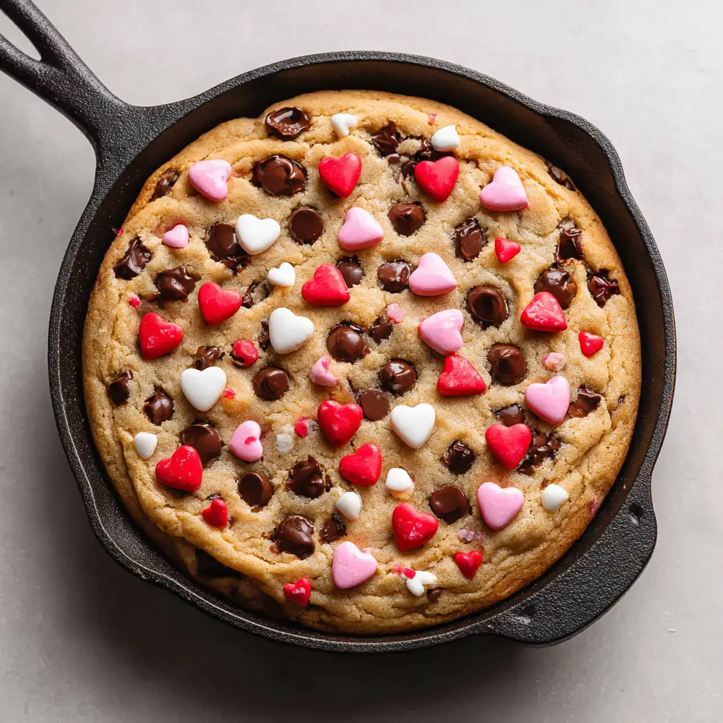 A thick, gooey Valentine's skillet cookie baked in a black cast iron pan. The cookie is bursting with melted dark chocolate chips and has crispy, golden-brown edges. The entire dessert sits on a neutral countertop in soft daylight.