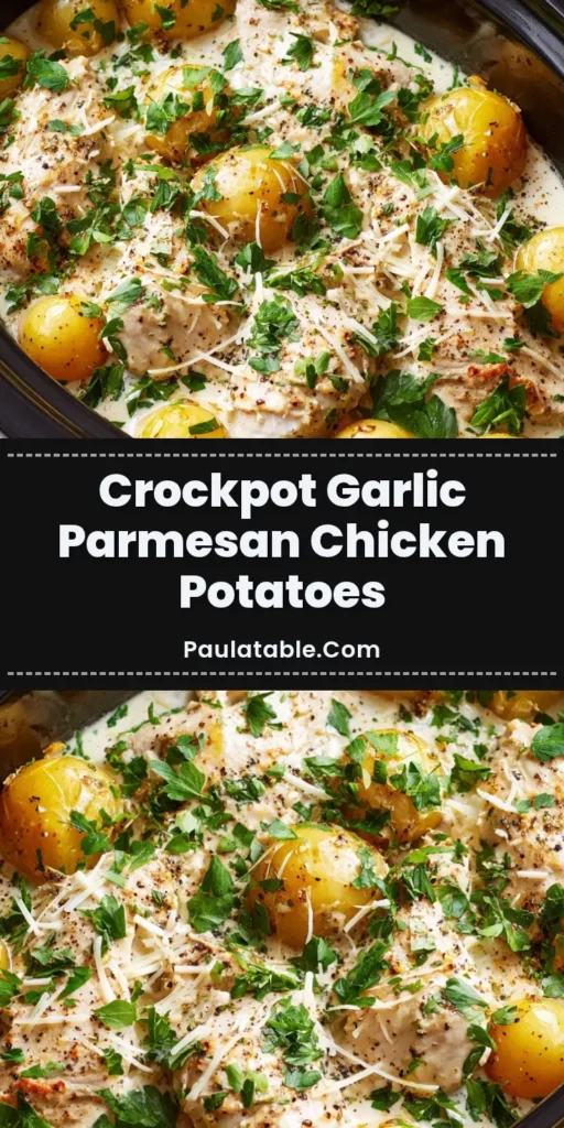 A shareable pin image of Garlic Parmesan Crockpot Chicken, showing the creamy chicken and potatoes in a black slow cooker.