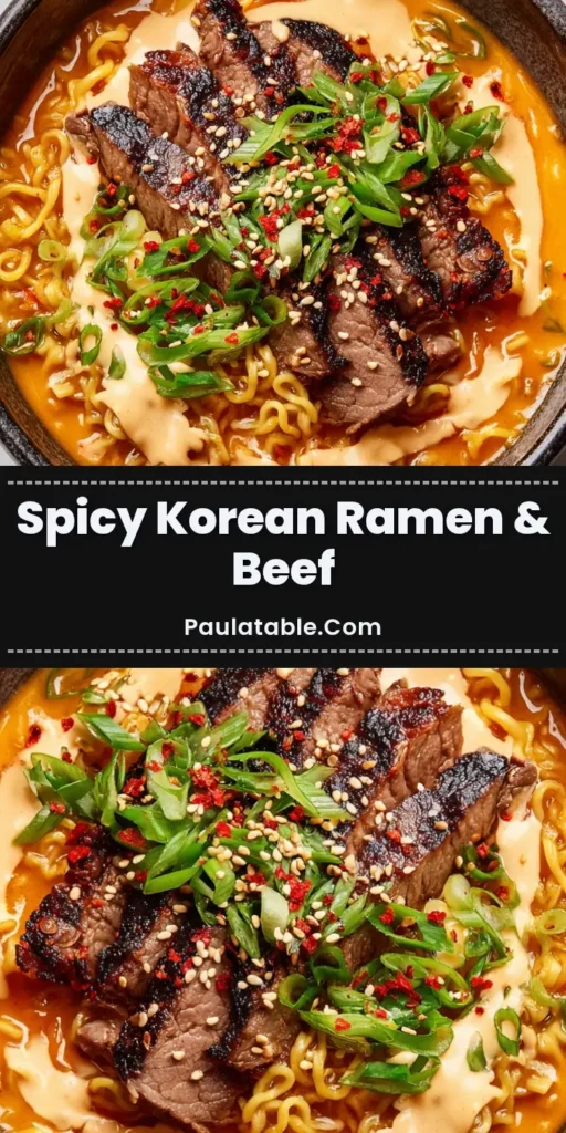 A shareable pin image of a bowl of Spicy Korean Ramen with seared beef, a creamy drizzle, and fresh garnishes, with text overlay for Pinterest.