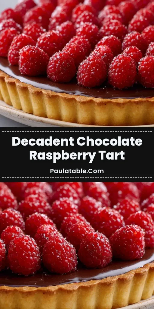 A perfect slice of Chocolate Raspberry Tart on a plate, showing the crisp fluted crust, rich dark chocolate ganache, and fresh raspberry topping.