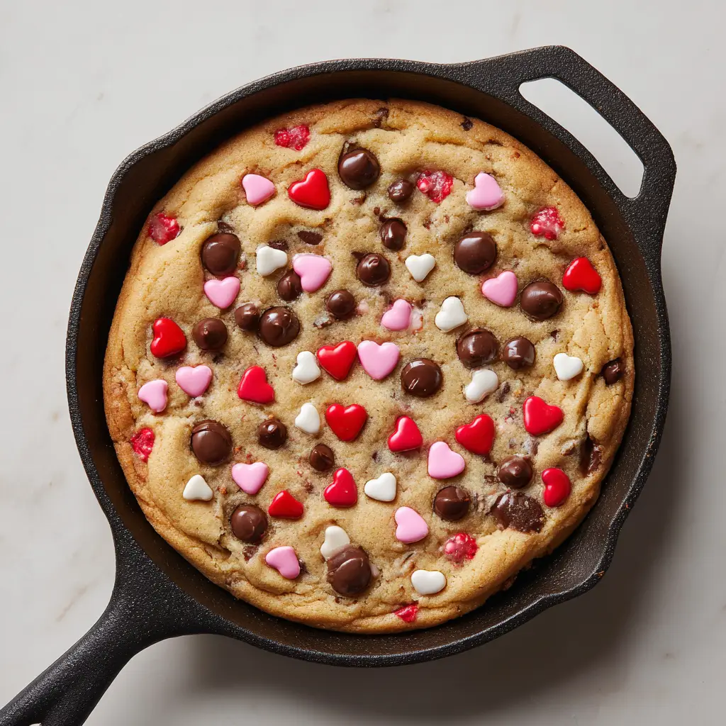 An angled view of the Valentine's skillet cookie, showing the thick profile of the giant cookie and the festive scattering of red, pink, and white candy hearts on its surface.