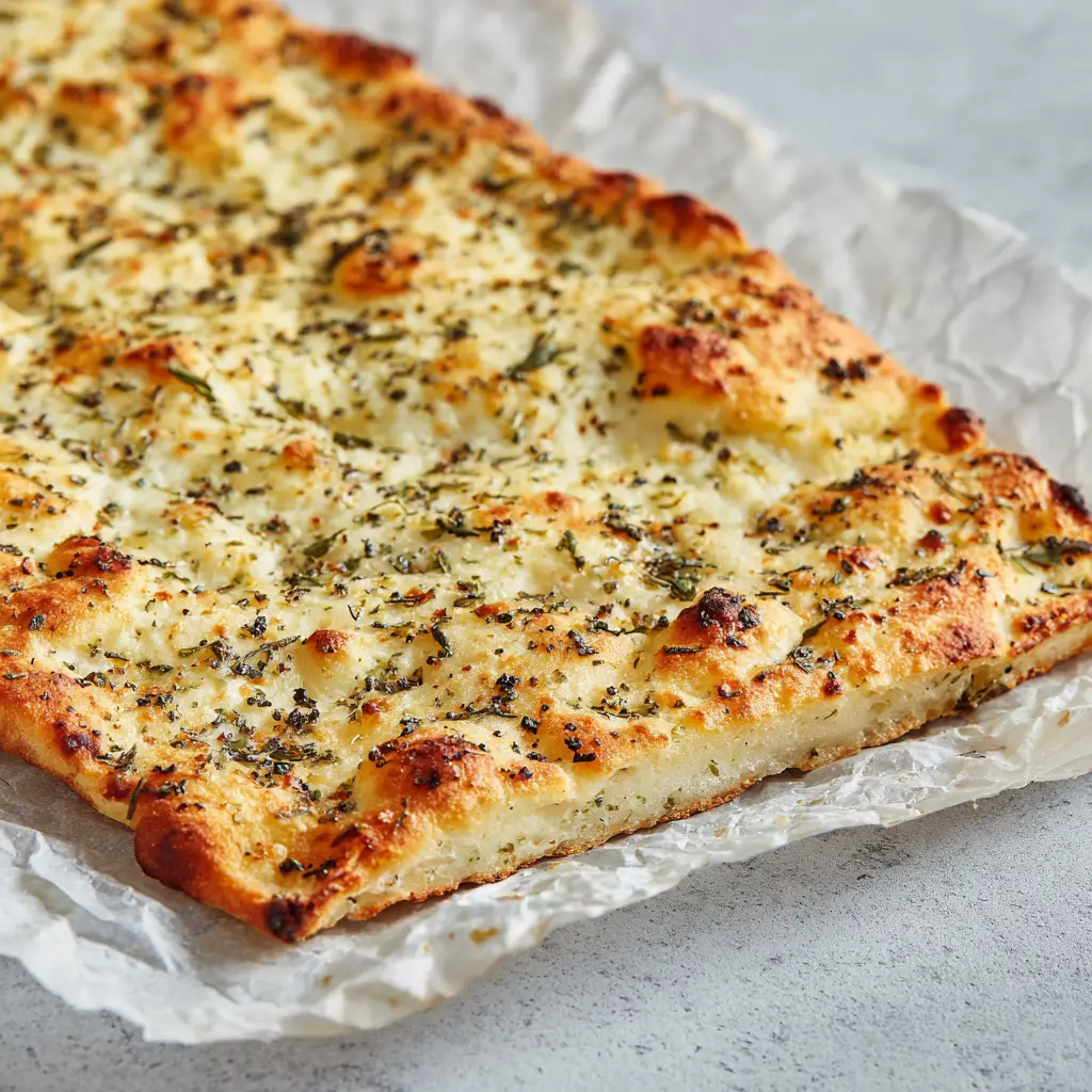 A finished rectangular cottage cheese flatbread resting on crinkled parchment paper. The flatbread is pale golden-yellow with blistered brown edges.