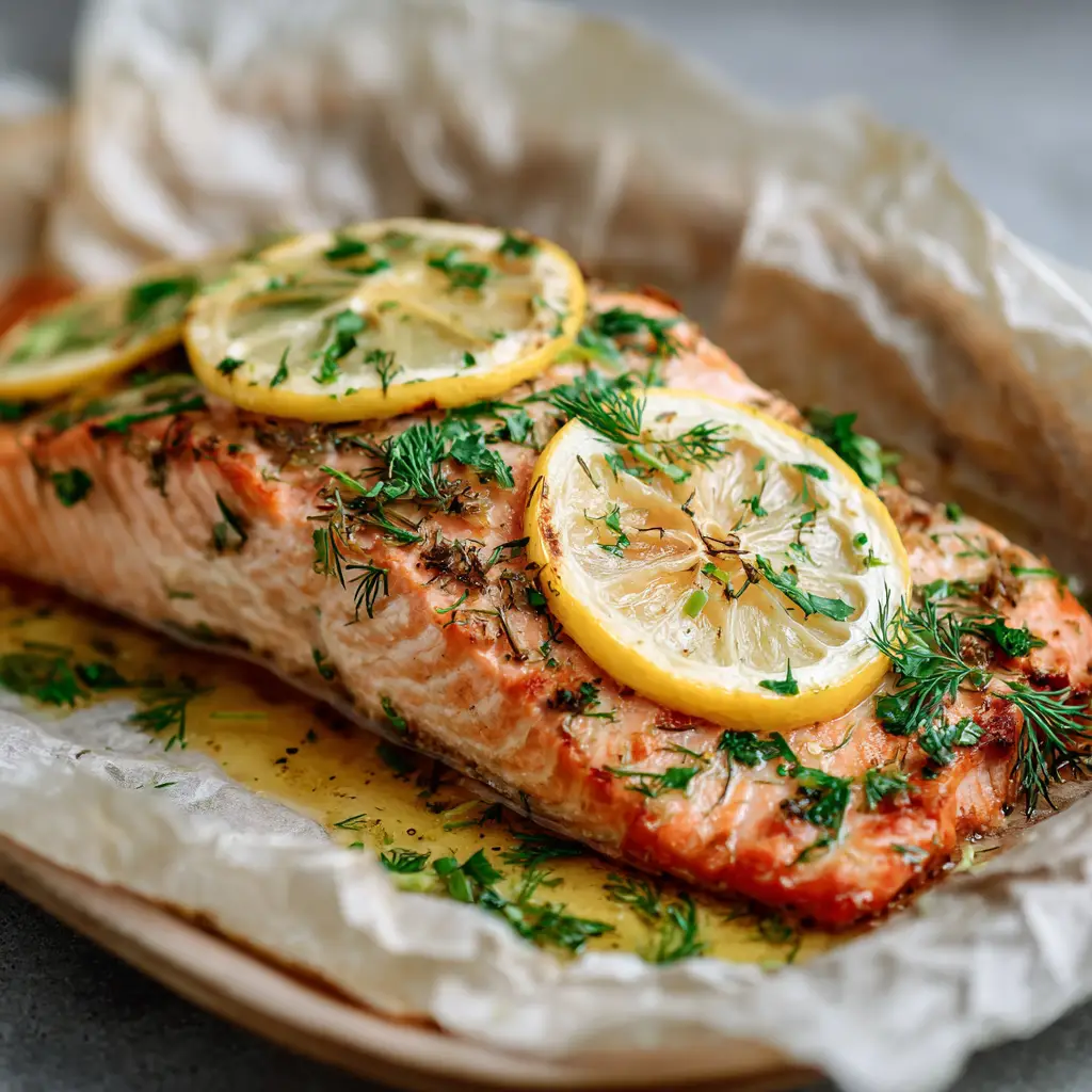 A rustic ceramic plate holding the finished Lemon Dill Baked Salmon, garnished with fresh dill.