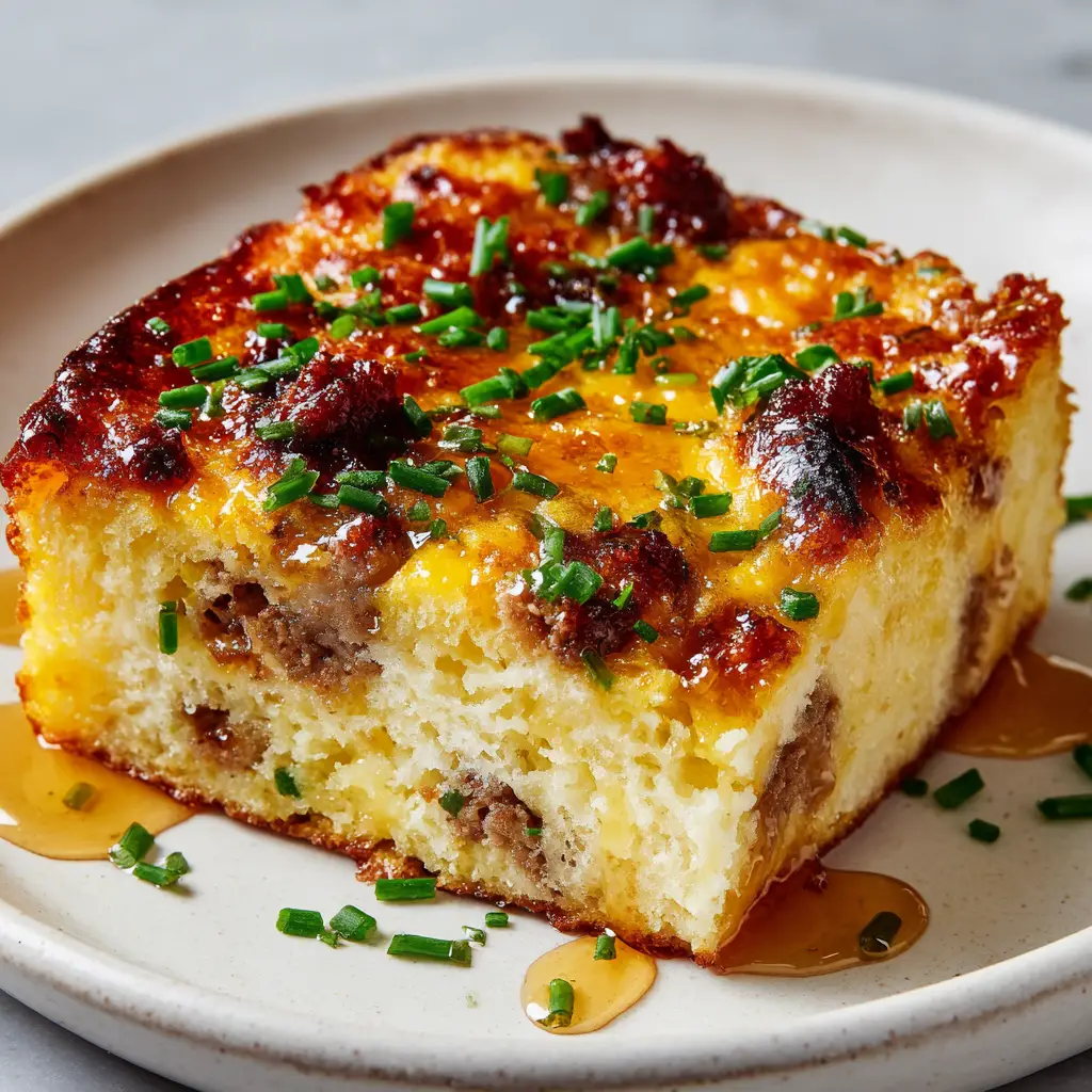 A close-up showing the texture of the sheet pan pancake, with browned sausage and slightly charred melted cheese visible in the fluffy batter.