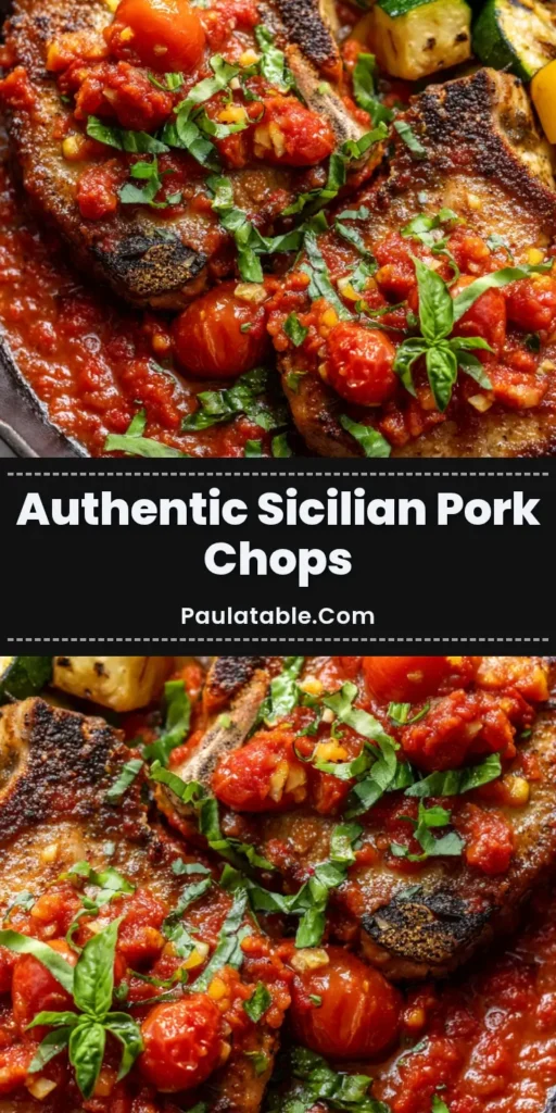 A close-up overhead shot of two pan-seared Sicilian Pork Chops in a cast-iron skillet, covered in a chunky tomato and herb sauce with roasted vegetables.