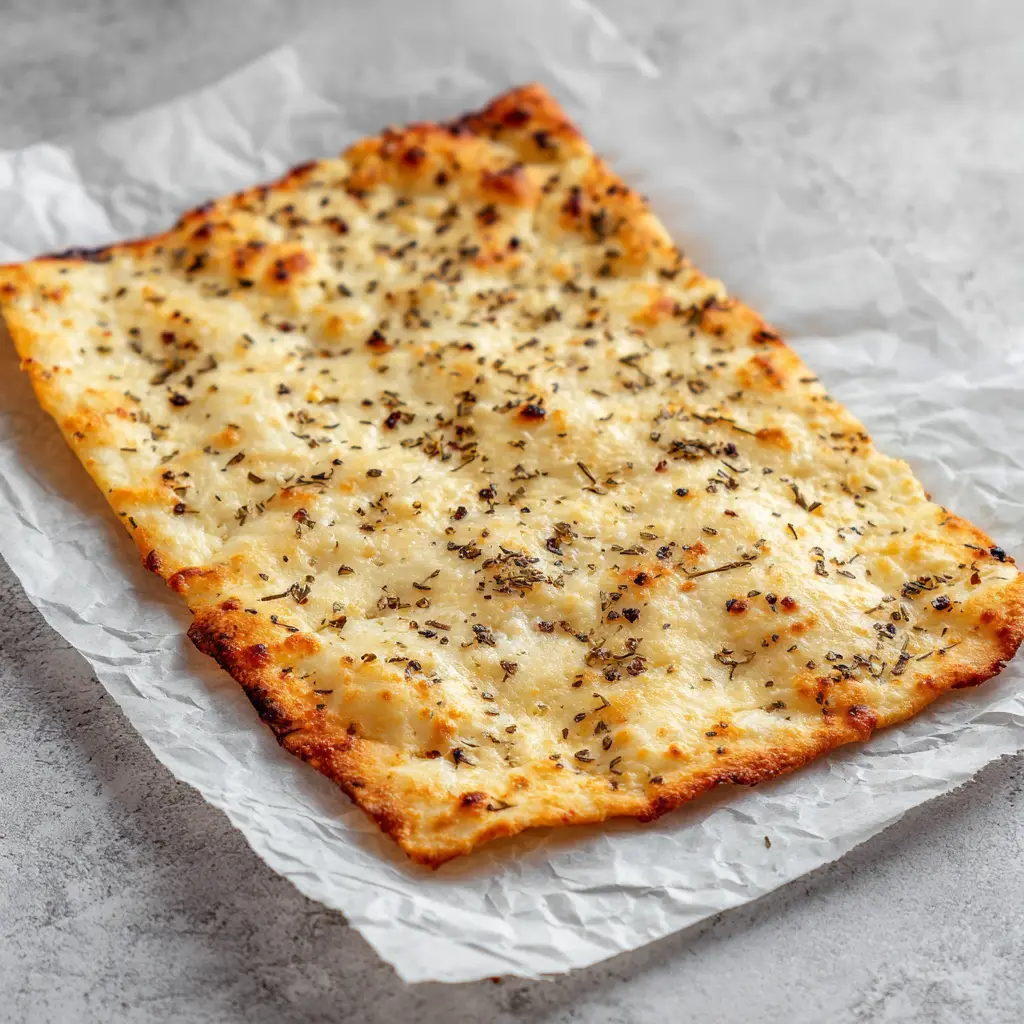 An overhead view of the savory cottage cheese flatbread on a light gray countertop, highlighting the texture from the pepper and dried herbs.
