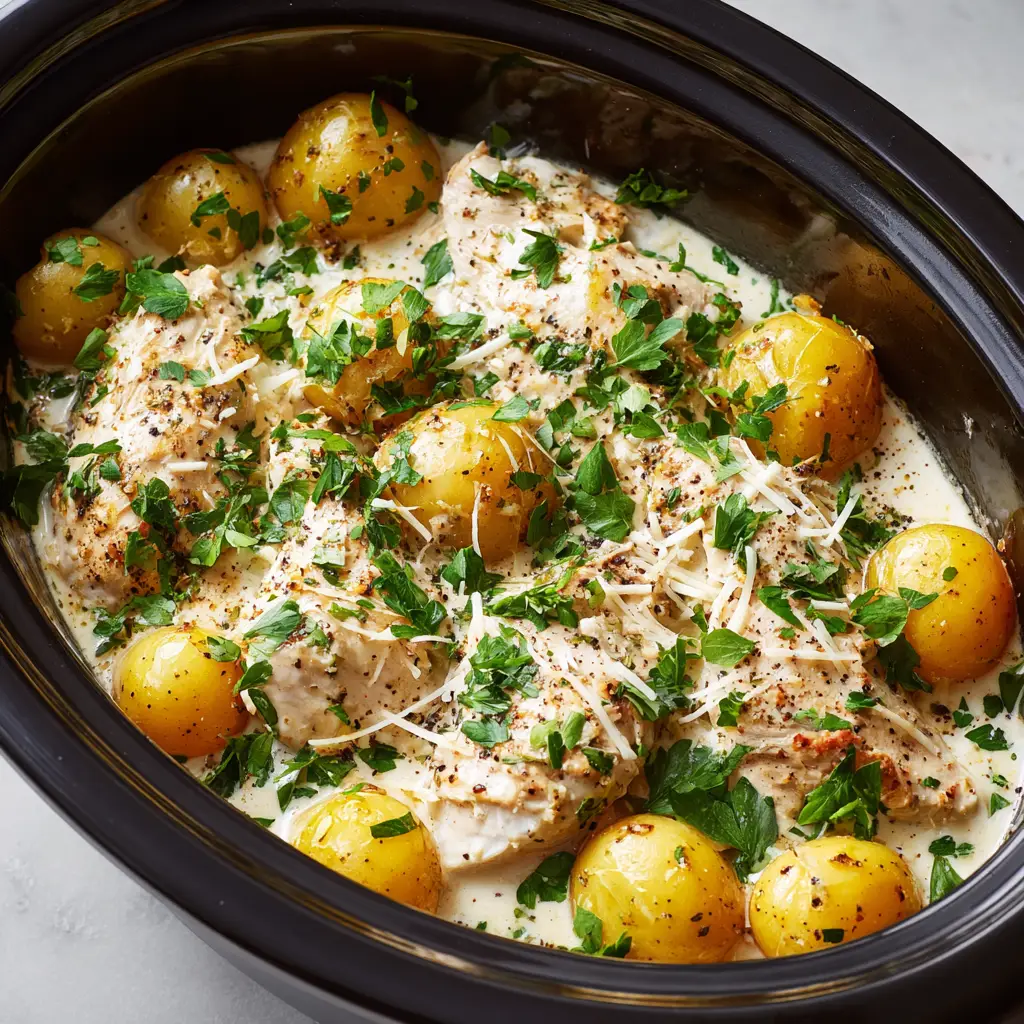 An overhead shot of the finished Garlic Parmesan Crockpot Chicken, highlighting the fresh parsley, grated parmesan, and cracked black pepper garnish.