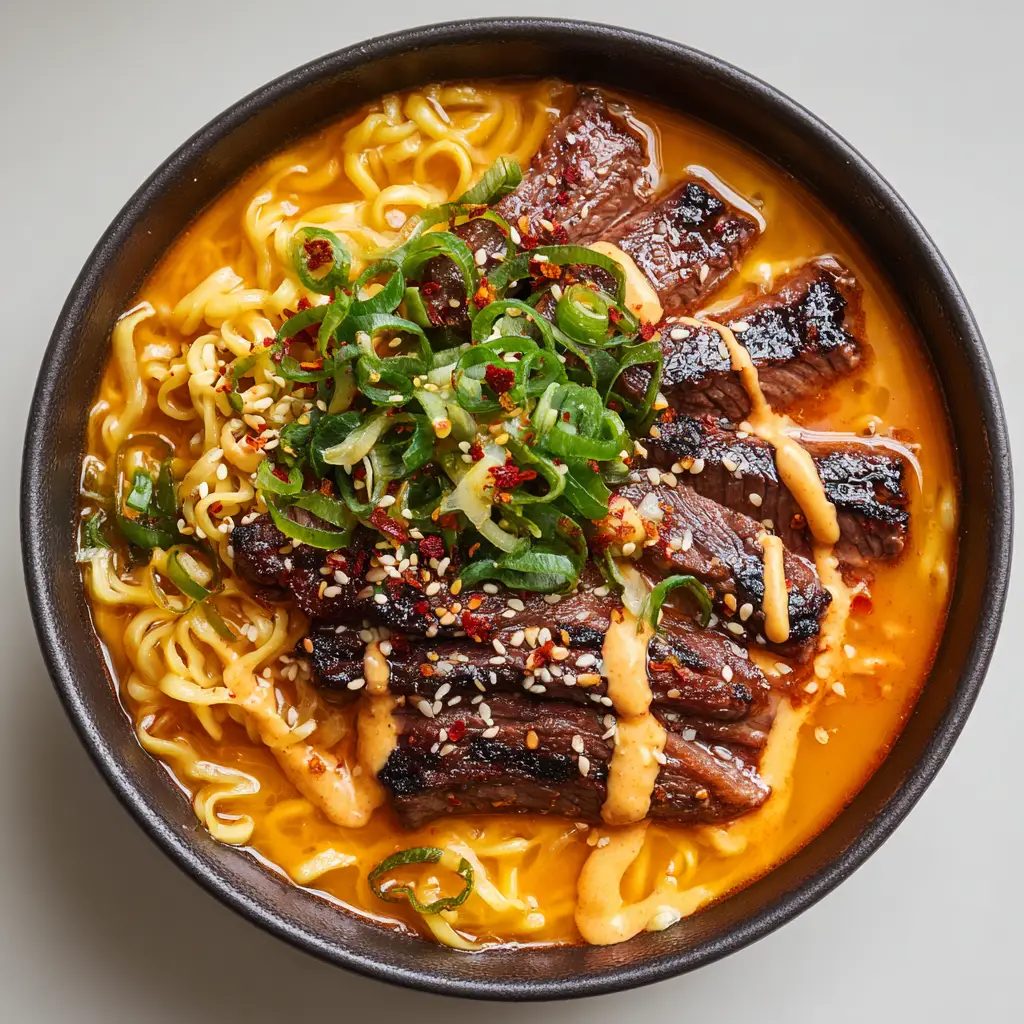 Another perspective of the Spicy Korean Ramen, showing the glistening fat on the charred grilled beef and the heavy garnish of chili flakes and chopped green onions.