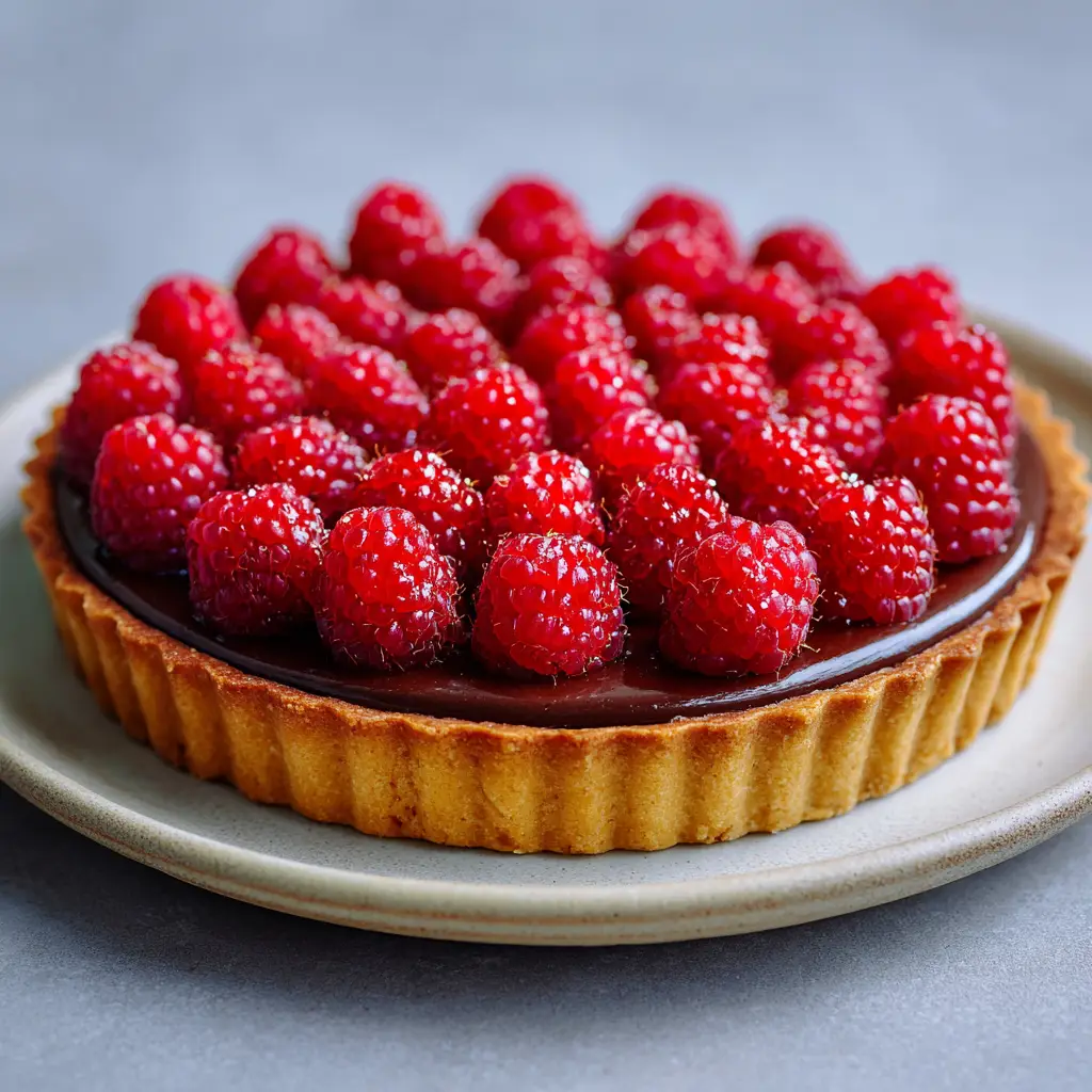 A close-up view of the chocolate raspberry tart, highlighting the smooth, glossy finish of the ganache and the texture of the plump, bright red raspberries.