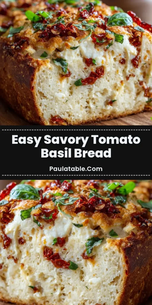 A close-up overhead shot of a thick slice of Savory Tomato Basil Bread on a wooden board. The bread has a golden-brown crust, gooey melted mozzarella, and is studded with pieces of sun-dried tomato and fresh basil.