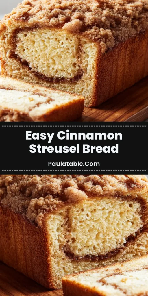A thick slice of homemade cinnamon streusel bread leaning against the loaf, showing a perfect cinnamon swirl through the tender crumb and a thick, golden-brown streusel topping.