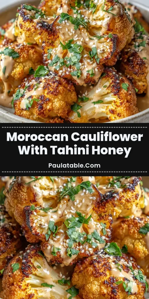 A close-up overhead shot of Moroccan Cauliflower in a rustic ceramic bowl. The roasted cauliflower florets are golden-brown and crispy, drizzled with a creamy tahini sauce and sweet honey, and garnished with fresh cilantro and sesame seeds.