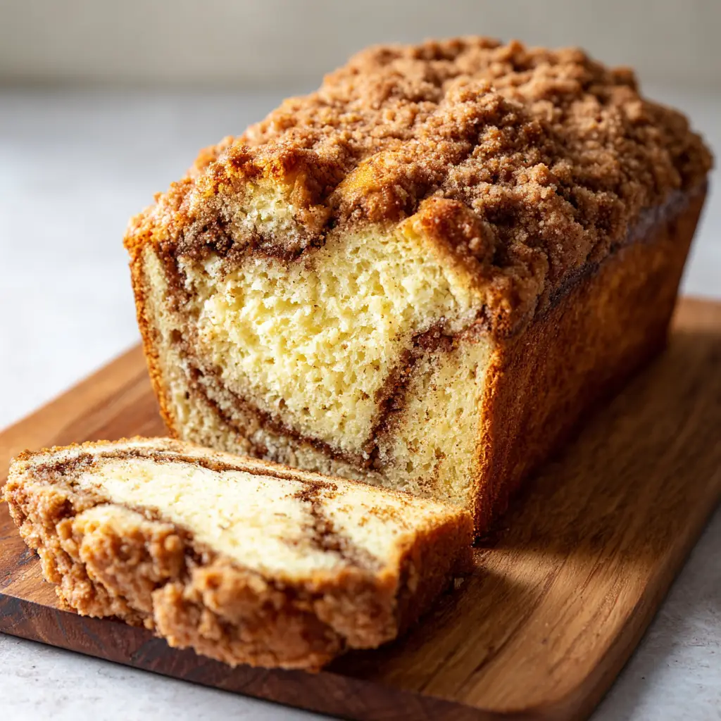 A full loaf of freshly baked cinnamon streusel bread on a wooden board, with a thick, craggy, golden-brown crumb topping covering the entire surface. A single slice is cut, revealing the inner texture.