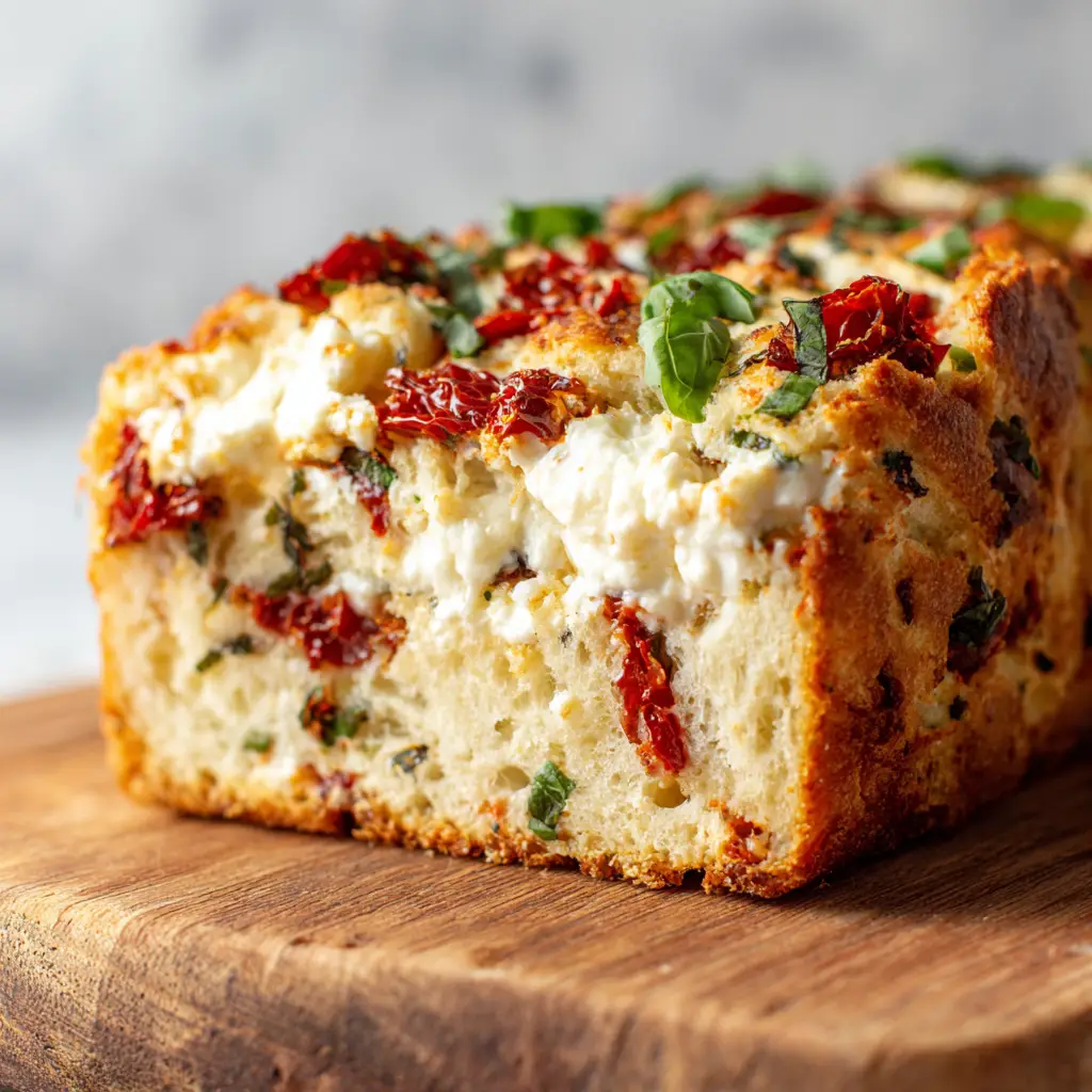 A different angle of the Savory Tomato Basil Bread slice, highlighting the golden-brown crust and the fresh basil leaves scattered on top.