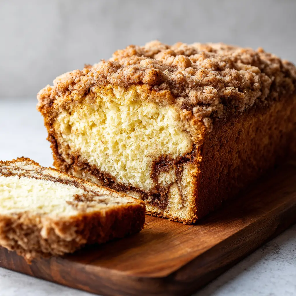 A close-up of a cut slice of cinnamon streusel bread, highlighting the distinct dark brown cinnamon swirl running through the middle of the tender, pale-yellow crumb.