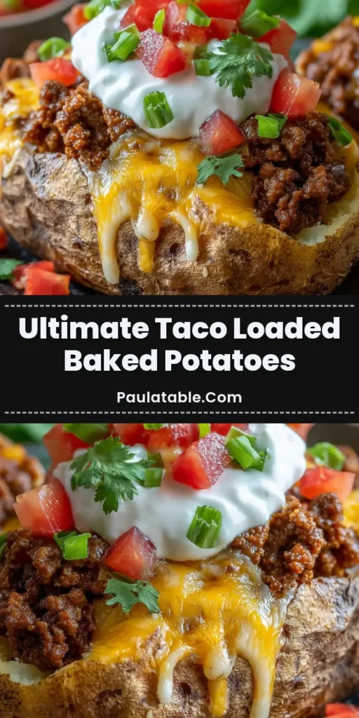 An overhead shot of two taco loaded baked potatoes on a dark plate, topped with ground beef, melted cheese, sour cream, and fresh cilantro.