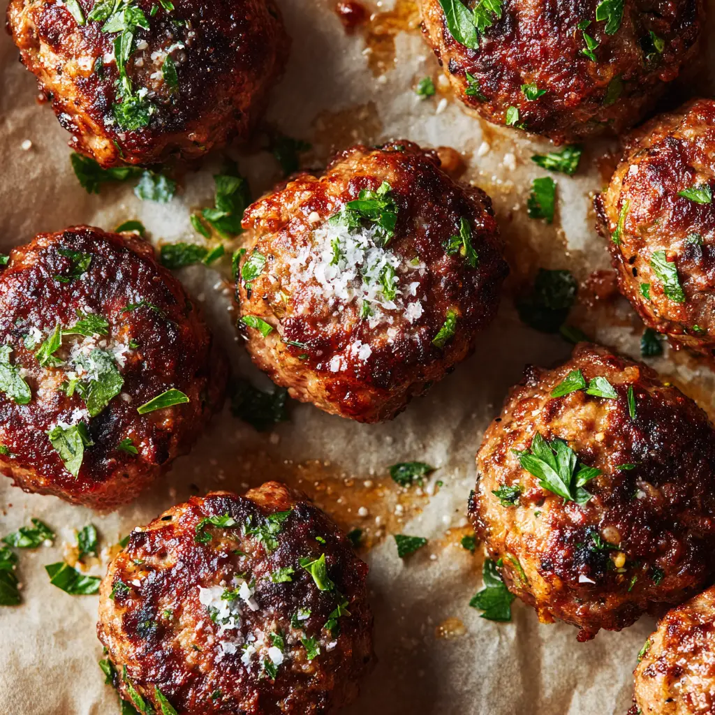 A close-up detail shot of baked beef meatballs showing the textured crust with specks of herbs and a dusting of finely grated white Parmesan cheese.