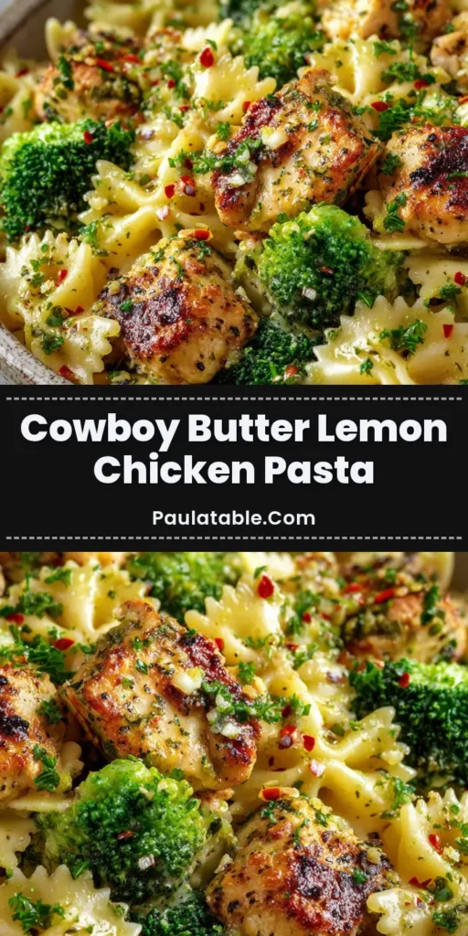 An overhead shot of a shareable platter of Cowboy Butter Lemon Chicken with farfalle pasta, seared chicken, and vibrant broccoli.
