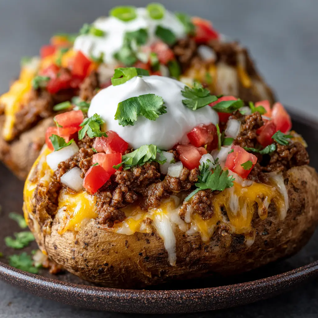 A close-up view of a steaming, fluffy baked potato half loaded with taco-seasoned ground beef, gooey melted yellow and white cheese, a dollop of sour cream, diced tomatoes, and green onions. (Taco Loaded Baked Potatoes)