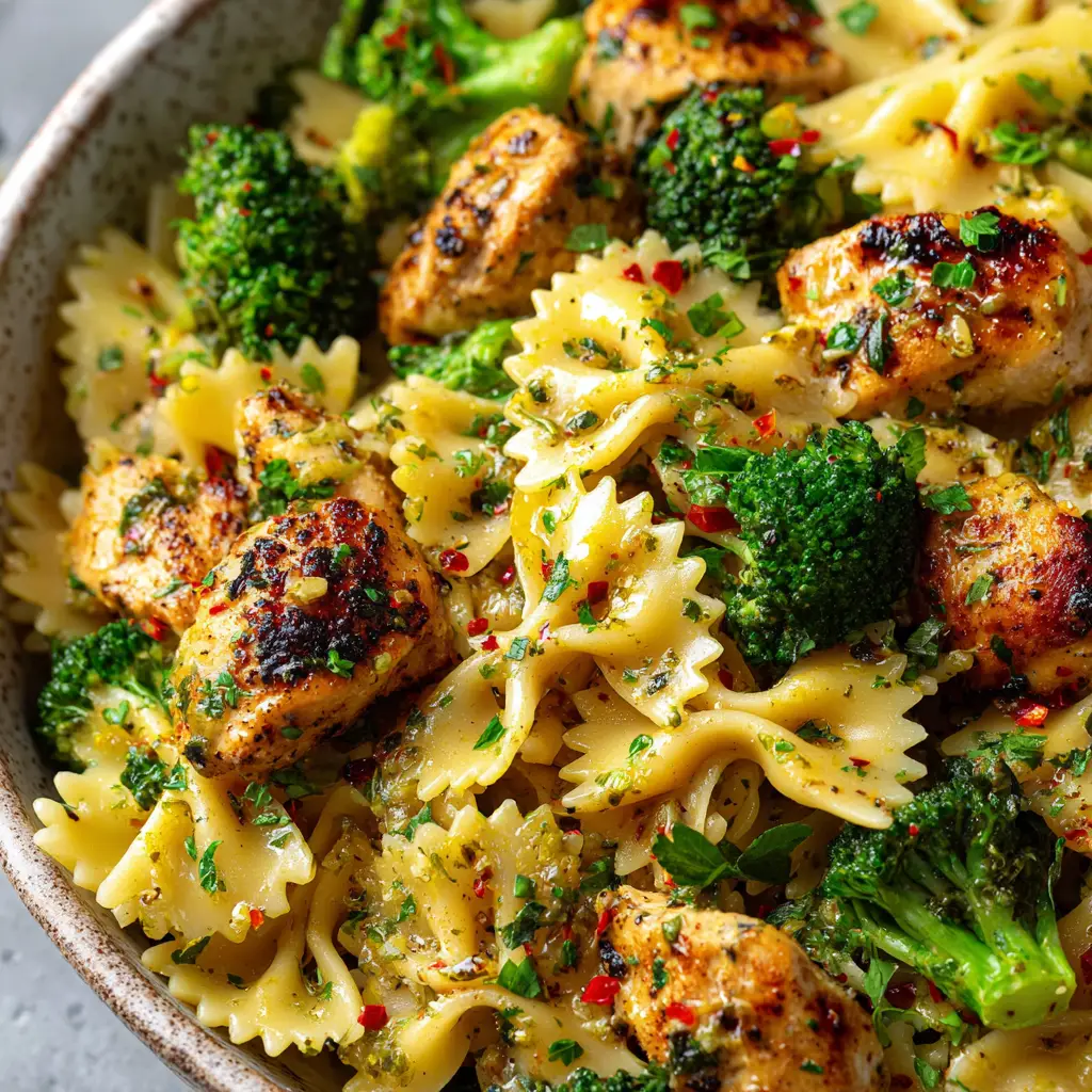 A close up shot of a rustic serving bowl of Cowboy Butter Lemon Chicken, showing the glossy sauce on the pasta, chicken, and broccoli.