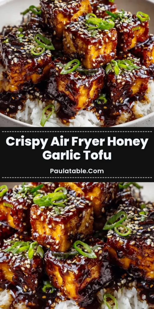 A close-up of crispy Honey Garlic Air Fryer Tofu in a light gray ceramic bowl over white rice, garnished with sesame seeds and scallions.