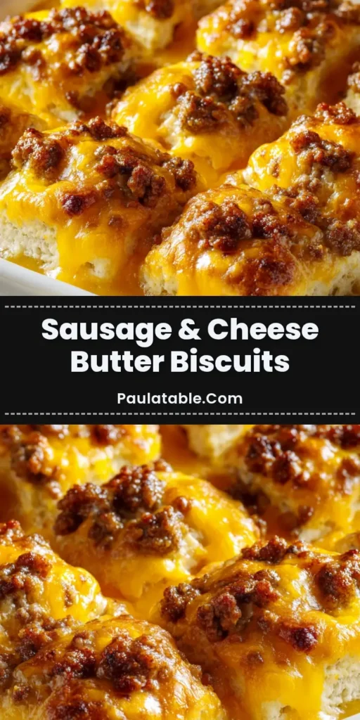 A pan of golden brown Sausage Cheese Butter Swim Biscuits topped with melted cheddar and sausage, ready to be served.