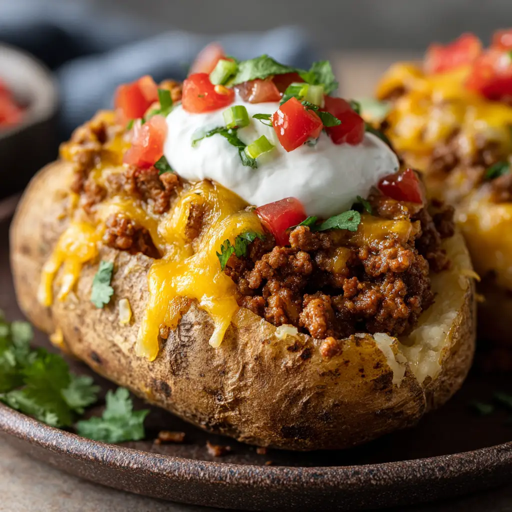 A halved baked potato on a rustic dark plate, generously topped with crumbly taco meat and a thick layer of melted cheese before the fresh toppings are added.