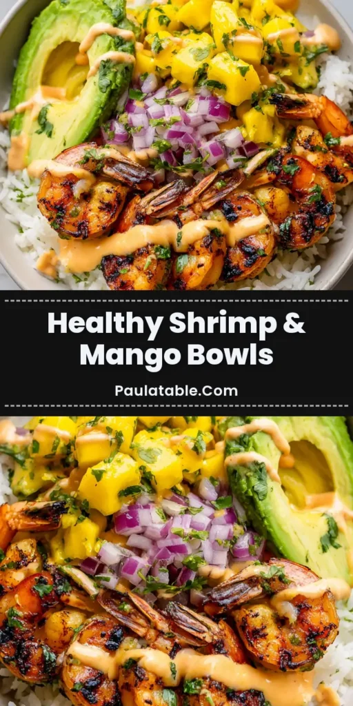 A sharable pin image of vibrant Shrimp and Avocado Bowls, showcasing smoky grilled shrimp, fresh avocado, and a creamy chili-lime sauce on a bed of rice.