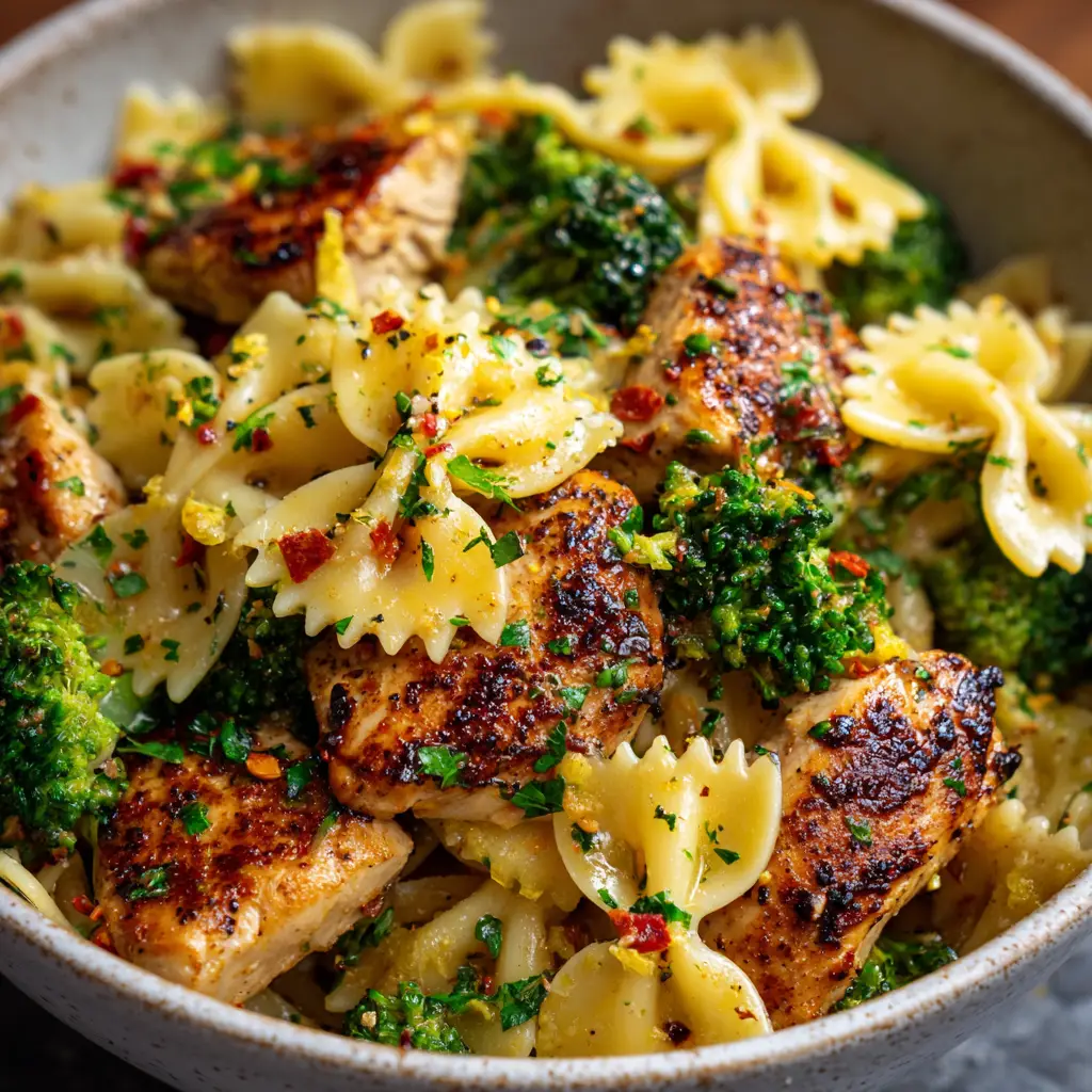 Another angle of the rustic bowl with Cowboy Butter Lemon Chicken, highlighting the specks of parsley, garlic, and red pepper flakes.