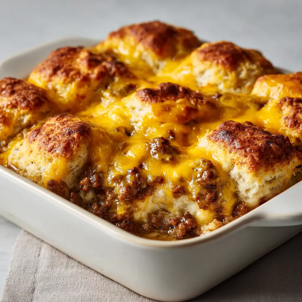 A close-up overhead shot of golden brown, fluffy square-cut Sausage Cheese Butter Swim Biscuits in a white ceramic baking dish.