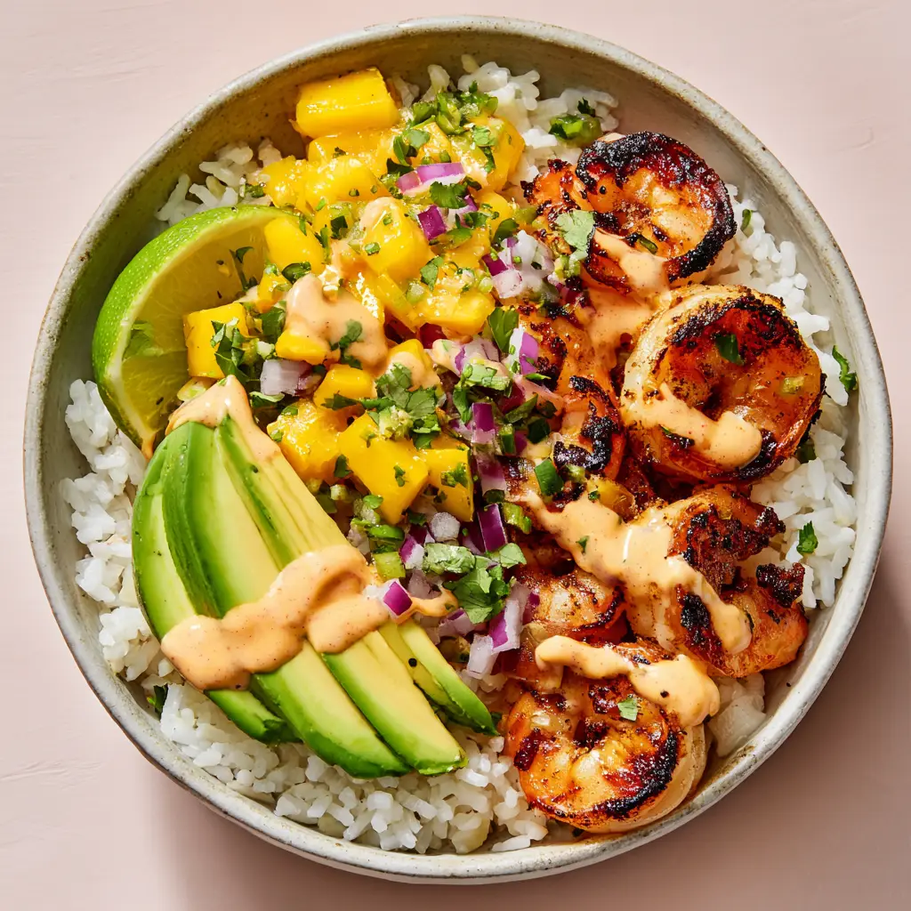 A close-up, overhead view of Shrimp and Avocado Bowls. The bowl contains fluffy rice, char-grilled shrimp, fanned avocado, mango salsa, and a creamy orange drizzle.