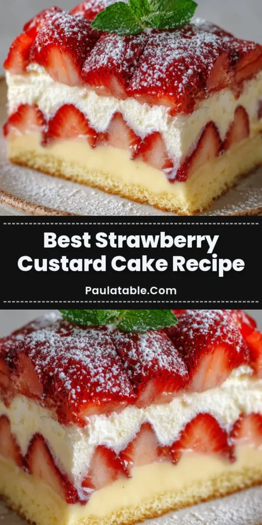 A top-down view of the stunning Strawberry Custard Delight Cake, showcasing the shingled strawberry topping and powdered sugar.