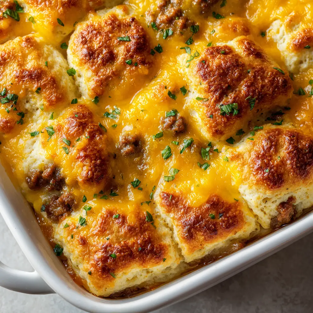 A side-angle view showing the fluffy texture of the Sausage Cheese Butter Swim Biscuits, with browned sausage crumbles visible.