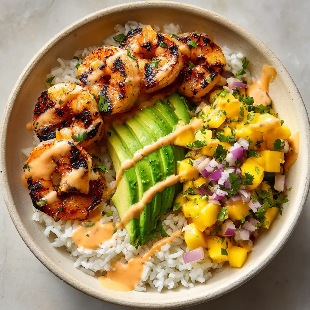 A detailed shot of the components within the Shrimp and Avocado Bowls, highlighting the texture of the mango salsa and the char on the shrimp.