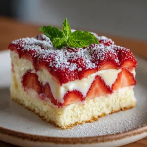 A perfect slice of Strawberry Custard Delight Cake on a rustic white plate, highlighting the distinct layers of fluffy sponge, creamy custard, and fresh strawberries.