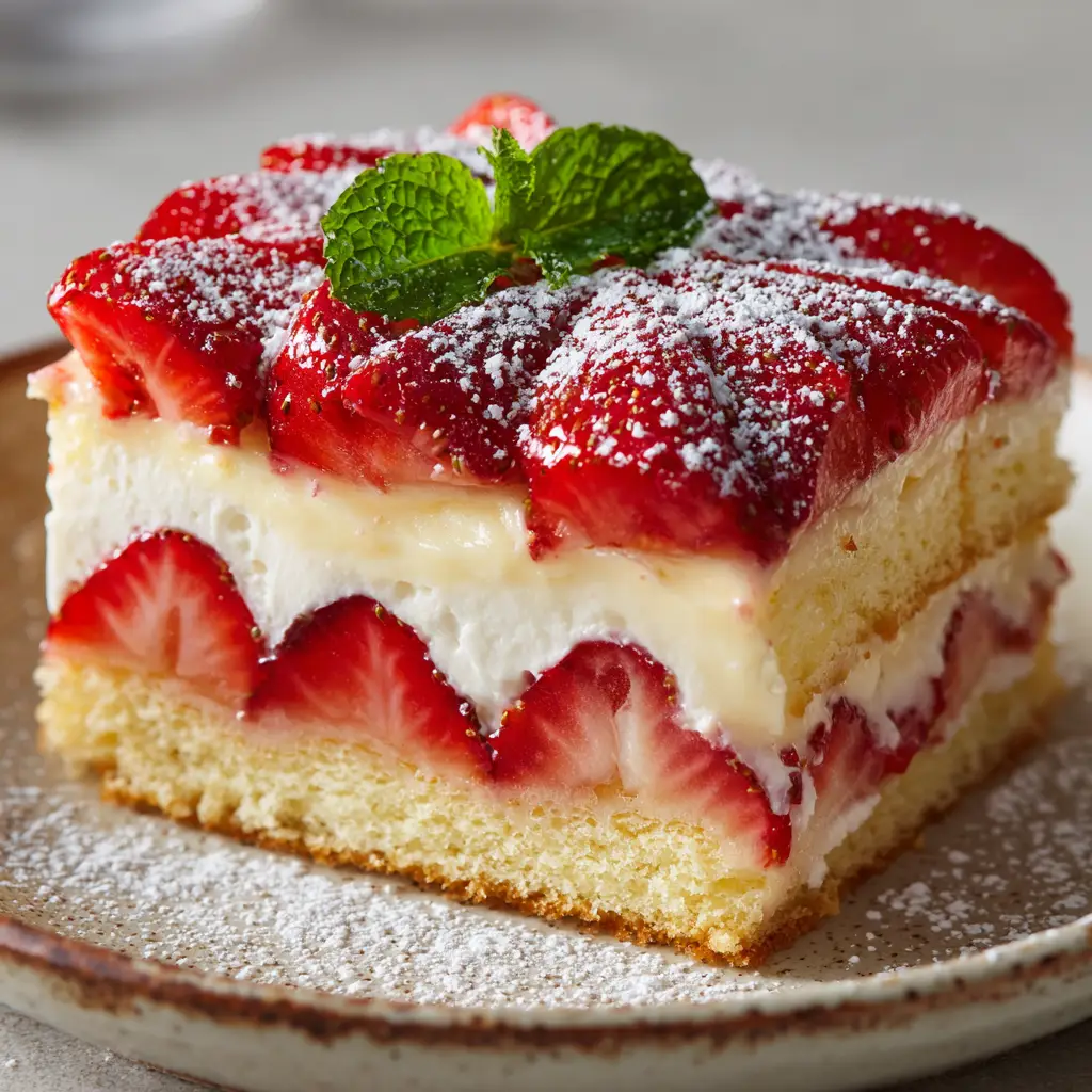 A close-up shot focusing on the texture of the vanilla custard and sliced strawberries on the Strawberry Custard Delight Cake.