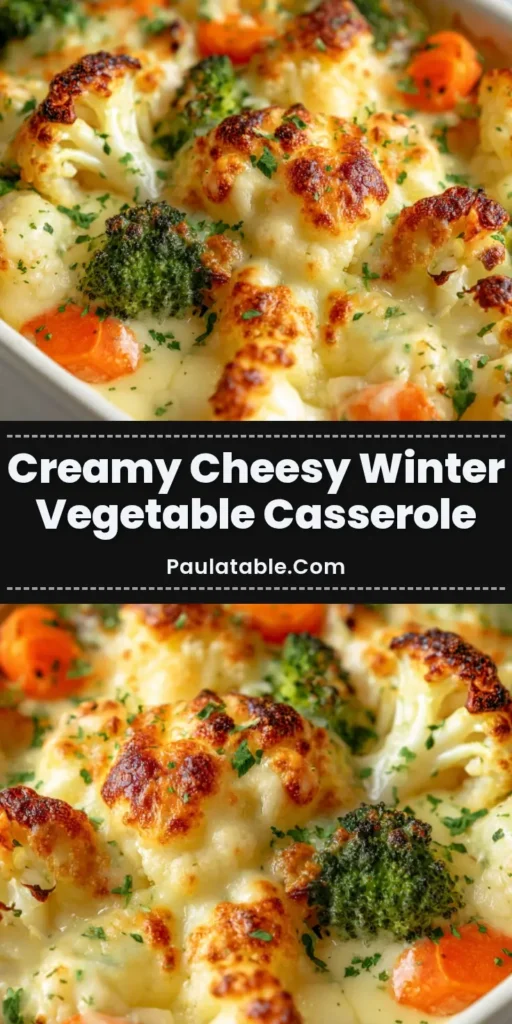 A close-up overhead shot of a Winter Vegetable Casserole in a white baking dish, showing the bubbly, golden-brown crispy cheese topping and parsley garnish.