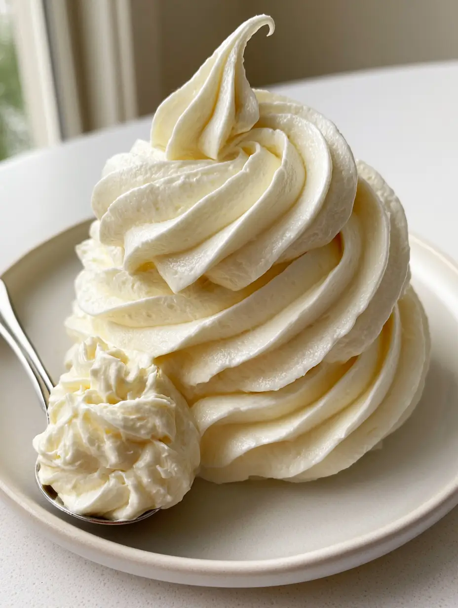 Russian Buttercream Frosting: The Ultimate 2-Ingredient Glossy Miracle 4 Close up of velvety Russian Buttercream Frosting on a silver spoon with a glossy ivory sheen. (Russian Buttercream Frosting)
