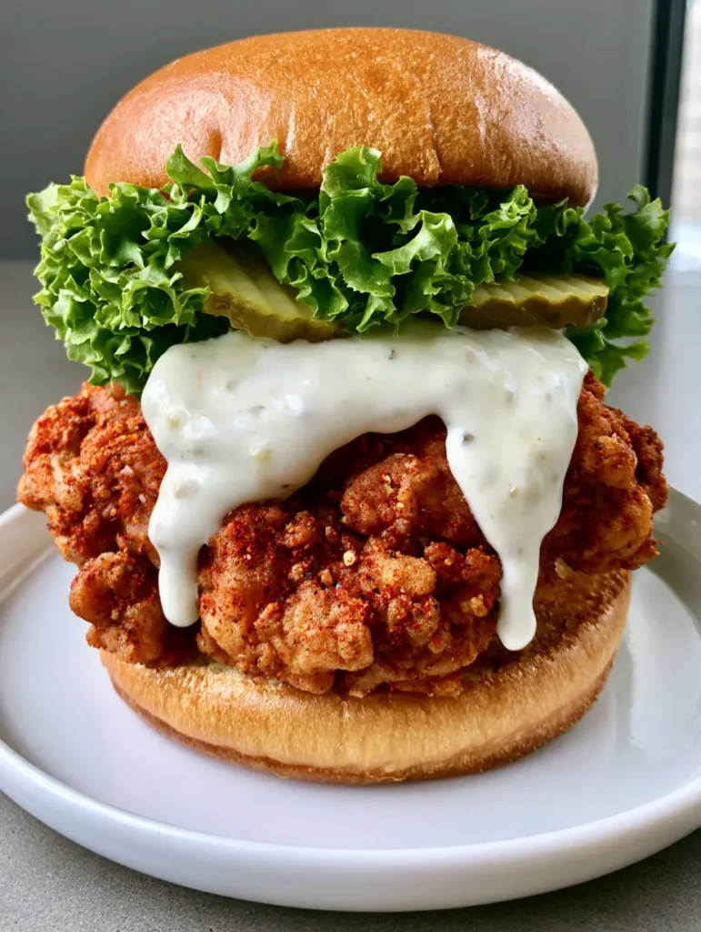 Cajun Crispy Chicken Sandwich with Creamy Garlic Aioli 1 Cajun Crispy Chicken Sandwich served on a white ceramic plate, showing the layered assembly of toasted brioche, curly lettuce, and crinkle-cut pickles.