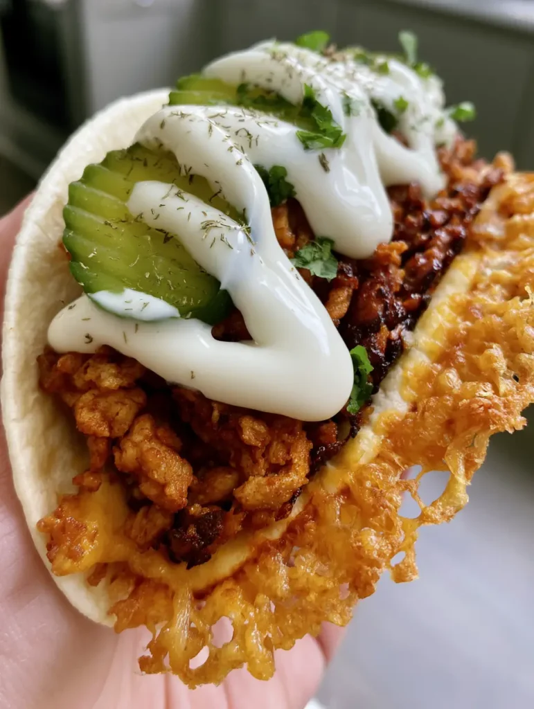 Dill Pickle Ranch Smash Chicken Tacos with a Crispy Cheddar Skirt 1 Close up view of the crispy fried cheddar cheese skirt and fresh cilantro garnish on a chicken smash taco.