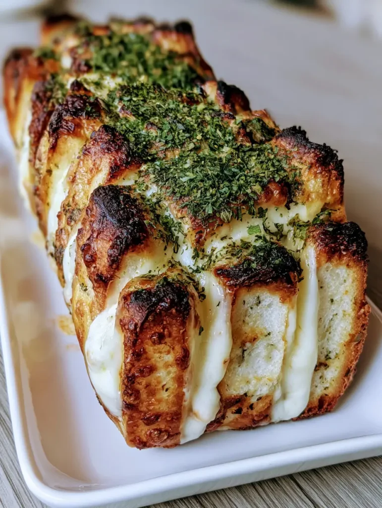 Slices of Italian Herb and Cheese Bread showing the soft white crumb and oozing mozzarella cheese.