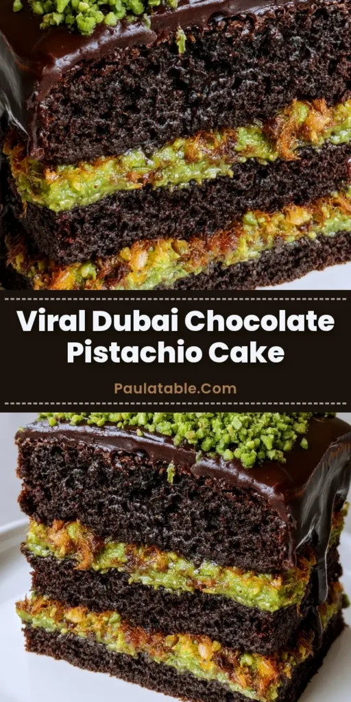 Dubai Chocolate Pistachio Cake with Crunchy Toasted Kunafa 4 A tall slice of Dubai Chocolate Pistachio Cake on a white plate, showing the three dark chocolate layers and vibrant green crunchy kunafa filling.