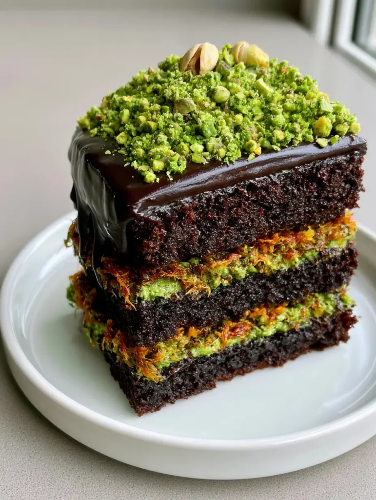 Dubai Chocolate Pistachio Cake with Crunchy Toasted Kunafa 2 A smartphone photo of the tall Dubai Chocolate Pistachio Cake with glossy dark chocolate ganache drips and a mountain of chopped pistachios.