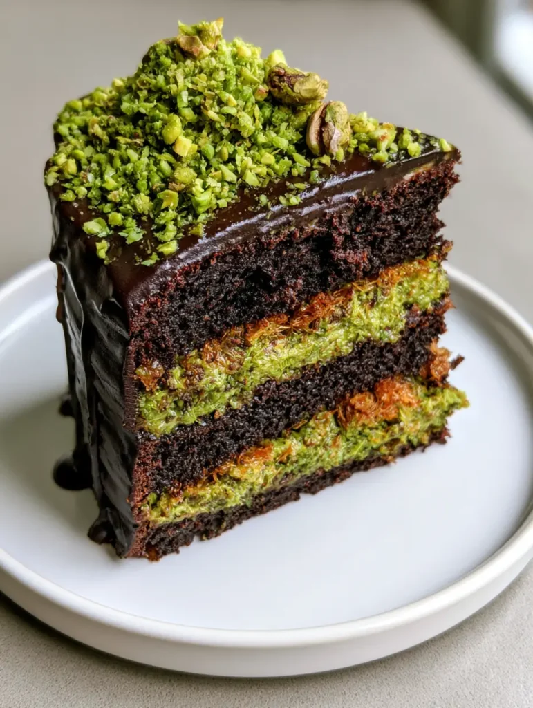 Dubai Chocolate Pistachio Cake with Crunchy Toasted Kunafa 1 Close up of the crunchy kunafa and pistachio cream layers inside a Dubai Chocolate Pistachio Cake.