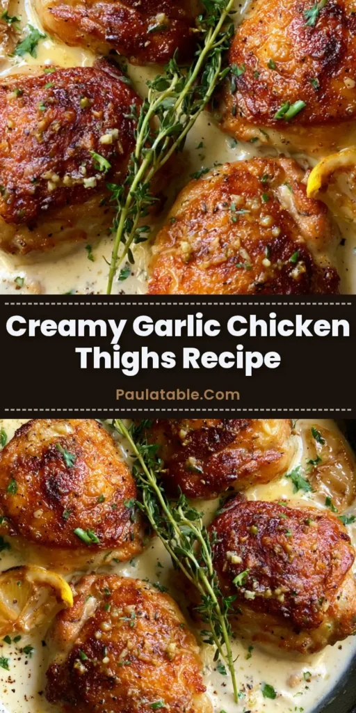 Bone-in skin-on Creamy Garlic Chicken Thighs seared to a deep golden-brown in a glossy off-white sauce with fresh thyme and lemon.