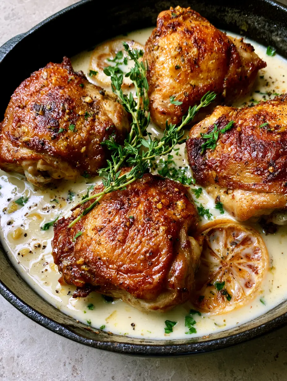Close-up of seared chicken thighs in a black cast iron skillet with thick garlic cream sauce and thyme. (Creamy Garlic Chicken Thighs)